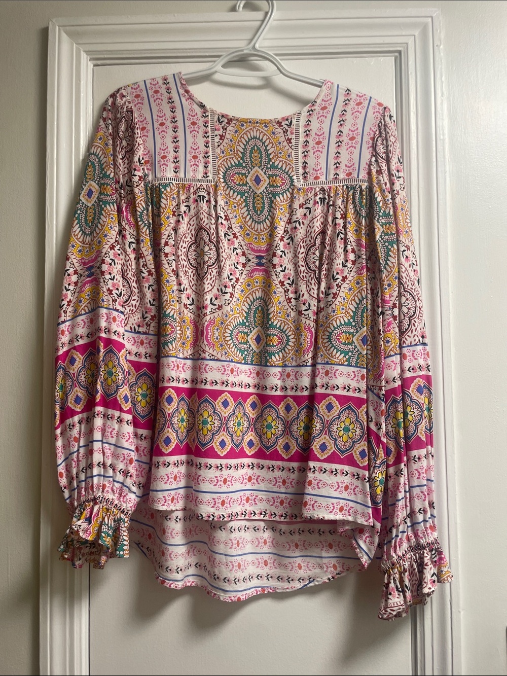Fate Pink Multicolor Boho Medallion Print Long-Sleeve Blouse